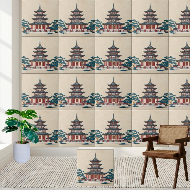Blue and Red Chinoiserie Pagoda – Asian-Inspired  Ceramic Tile (Blue and Red Chinoiserie Pagoda – Asian-Inspired Ceramic Tile)