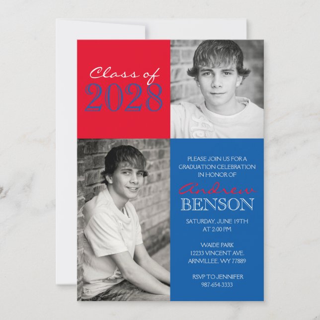 Blue and Red Classic 2 Photo Graduation Invitation (Front)