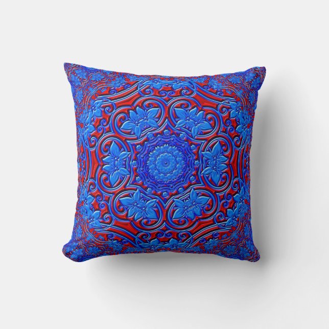 Blue and red damasks abstract fractal design throw pillow (Front)