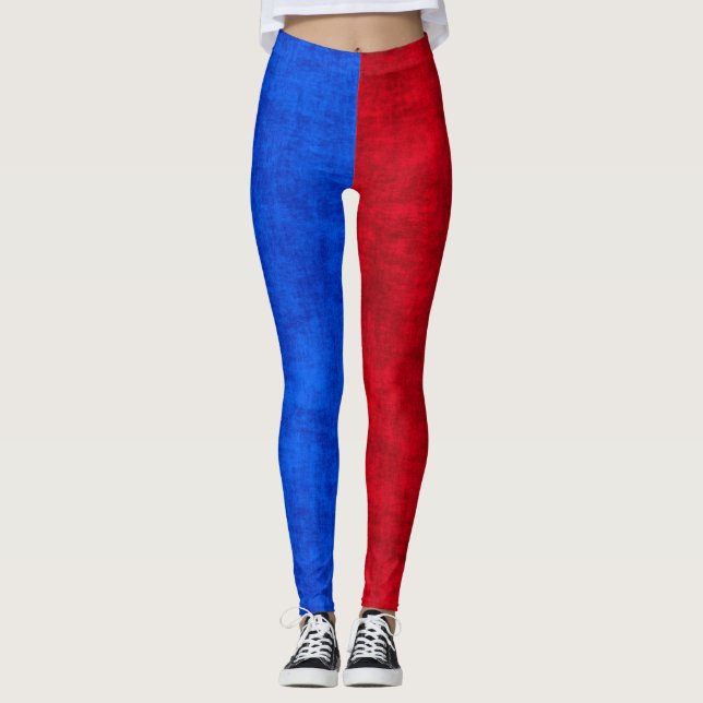 Blue and Red Distressed Two-Tone Pattern Leggings (Front)