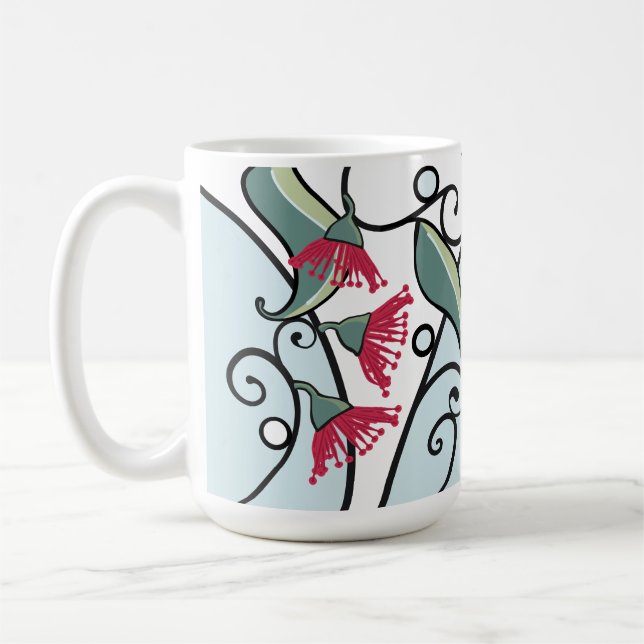 Blue and red eucalyptus leaves and blossom pattern coffee mug (Left)
