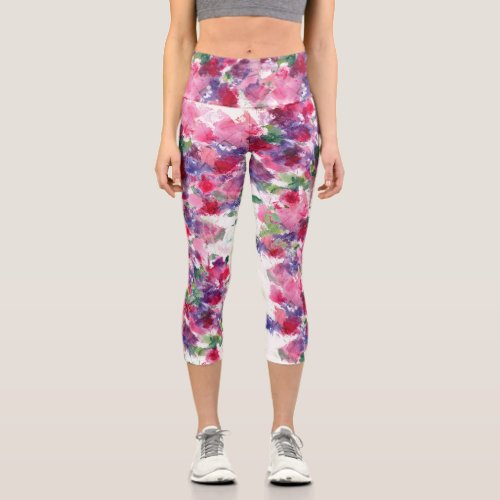 Blue and red Floral Composit Abstract  Capri Leggings