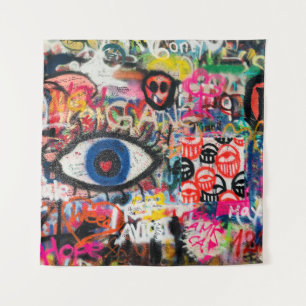 Blue and red floral textile tapestry