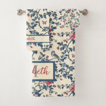 Blue and Red Floral Toile de Jouy and Birds