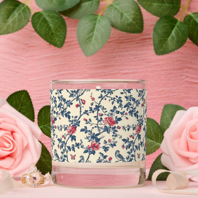 Blue and Red Floral Toile de Jouy and Birds Scented Candle (Wedding)