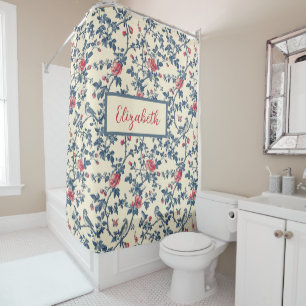 Blue and Red Floral Toile de Jouy and Birds Shower Curtain