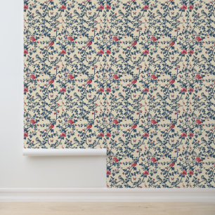 Blue and Red Floral Toile de Jouy and Birds Wallpaper