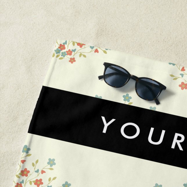 Blue and Red Flowers, Black, Your Name Beach Towel (In Situ)