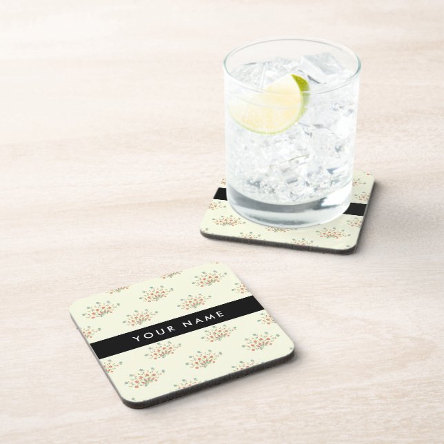Blue and Red Flowers, Black, Your Name Beverage Coaster (Right Side)