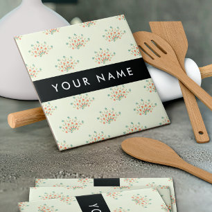 Blue and Red Flowers, Black, Your Name Ceramic Tile
