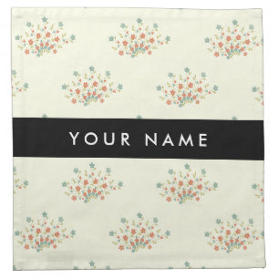 Blue and Red Flowers, Black, Your Name Cloth Napkin