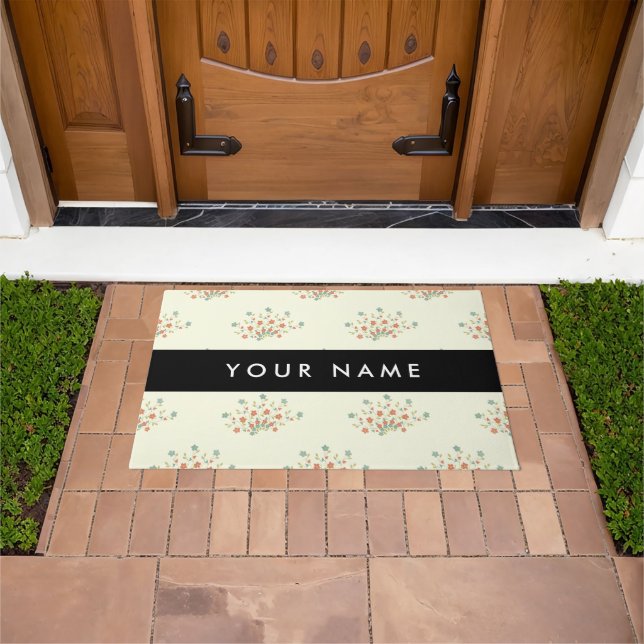 Blue and Red Flowers, Black, Your Name Doormat (Outdoor)