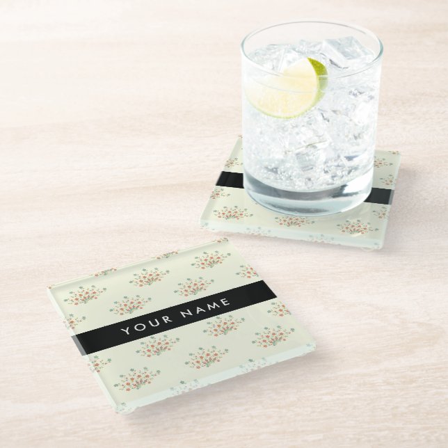 Blue and Red Flowers, Black, Your Name Glass Coaster (Angled)