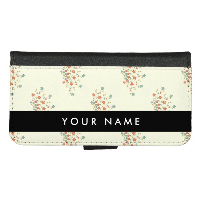 Blue and Red Flowers, Black, Your Name iPhone Wallet Case (Front (Horizontal))