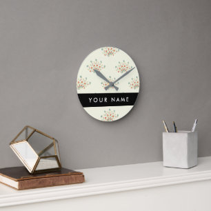 Blue and Red Flowers, Black, Your Name Round Clock