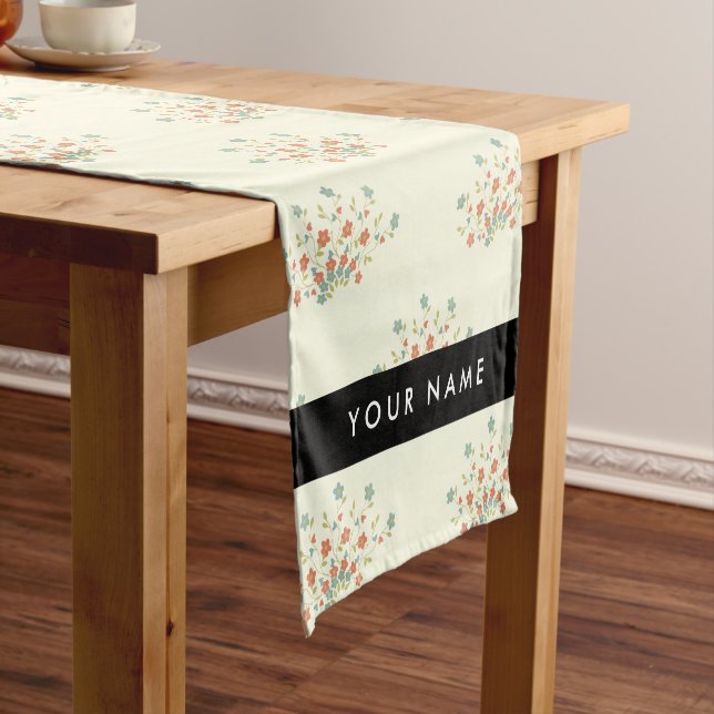 Blue and Red Flowers, Black, Your Name Short Table Runner (In Situ)