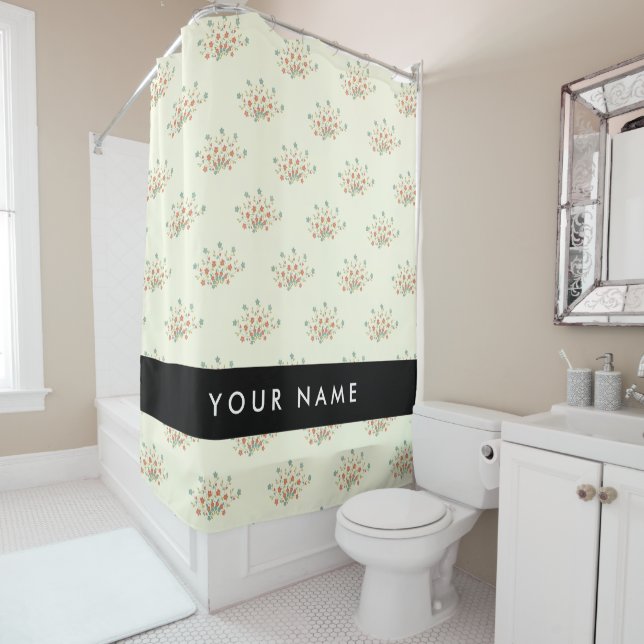 Blue and Red Flowers, Black, Your Name Shower Curtain (In Situ)