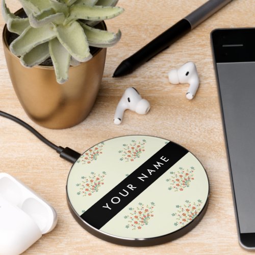 Blue and Red Flowers Black Your Name Wireless Charger