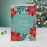 Blue and Red Flowers Merry Christmas Greeting Foil Holiday Card<br><div class="desc">This Christmas card features a border of hand-drawn Poinsettia florals and leaves in red and green. This festive holiday card will send your family and friends warm Christmas greetings. The "Merry Christmas" text is not editable, but the rest of the text is. The back of the card can also be...</div>
