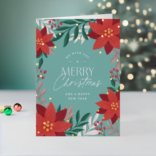 Blue and Red Flowers Merry Christmas Greeting Foil Holiday Card