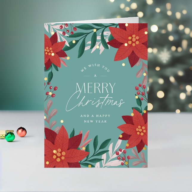 Blue and Red Flowers Merry Christmas Greeting Foil Holiday Card (Holiday In Situ 2)