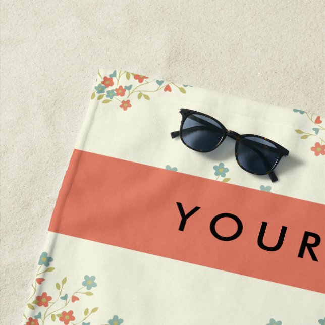 Blue and Red Flowers, Red, Your Name Beach Towel (In Situ)