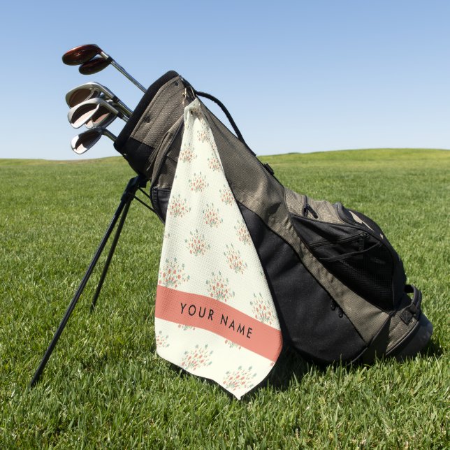 Blue and Red Flowers, Red, Your Name Golf Towel (Green)