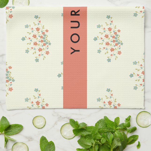 Blue and Red Flowers, Red, Your Name Kitchen Towel (Folded)
