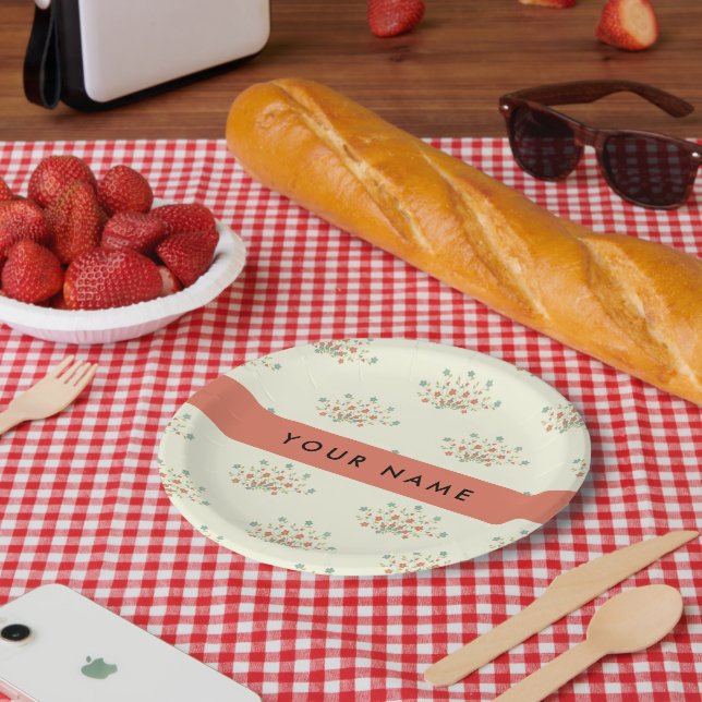 Blue and Red Flowers, Red, Your Name Paper Plates (Picnic)
