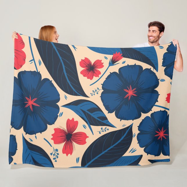 Blue and Red Flowers, with Dark Blue Leaves Fleece Blanket (In Situ)