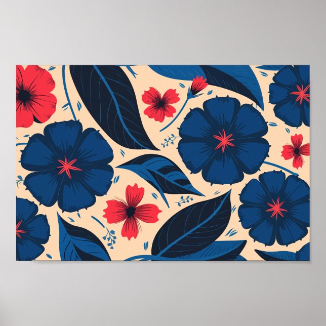 Blue and Red Flowers, with Dark Blue Leaves Poster (Front)