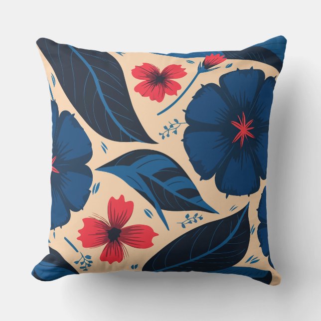 Blue and Red Flowers, with Dark Blue Leaves Throw Pillow (Front)
