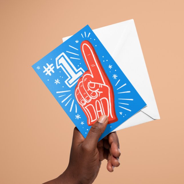 Blue and Red Foam Finger Number 1 Dad Father's Day Card (Fathers day card with a large red foam finger that says Dad on it)