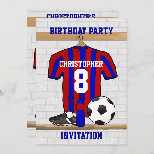 Blue and Red Football Soccer Jersey Birthday Party Invitation (Front/Back)