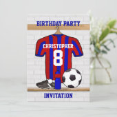 Blue and Red Football Soccer Jersey Birthday Party Invitation (Standing Front)
