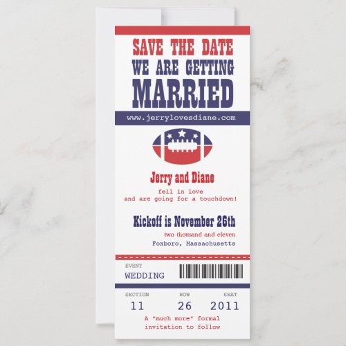 Blue and Red Football Ticket Wedding Save the Date