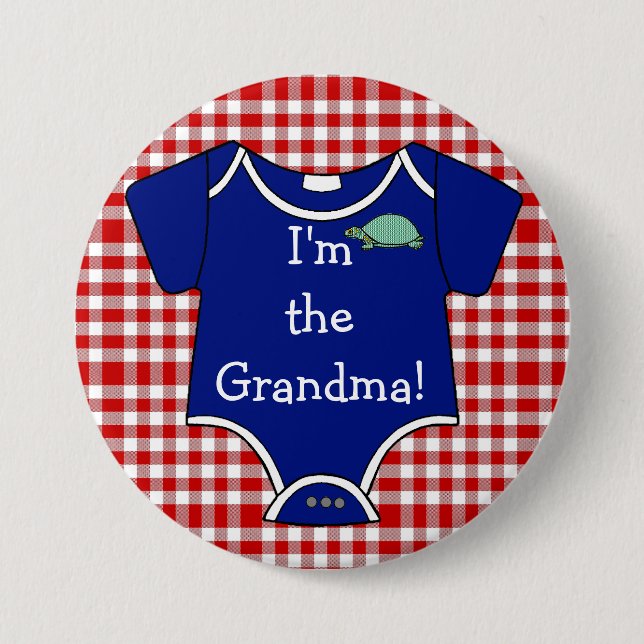 Blue and Red Gingham Turtle I'm The Grandma! Button (Front)