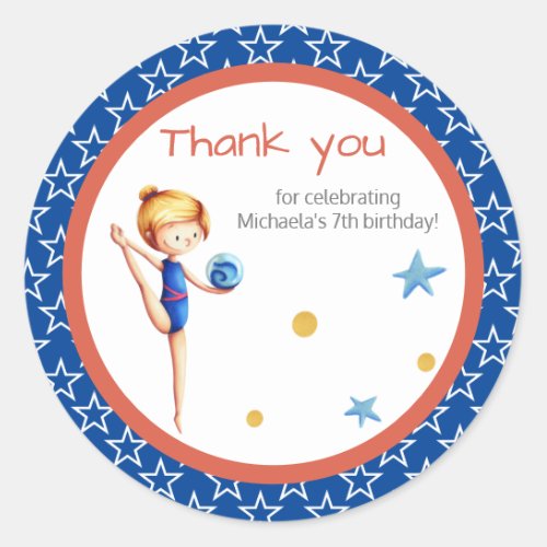 Blue and Red Girl Gymnast with Ball Birthday Classic Round Sticker