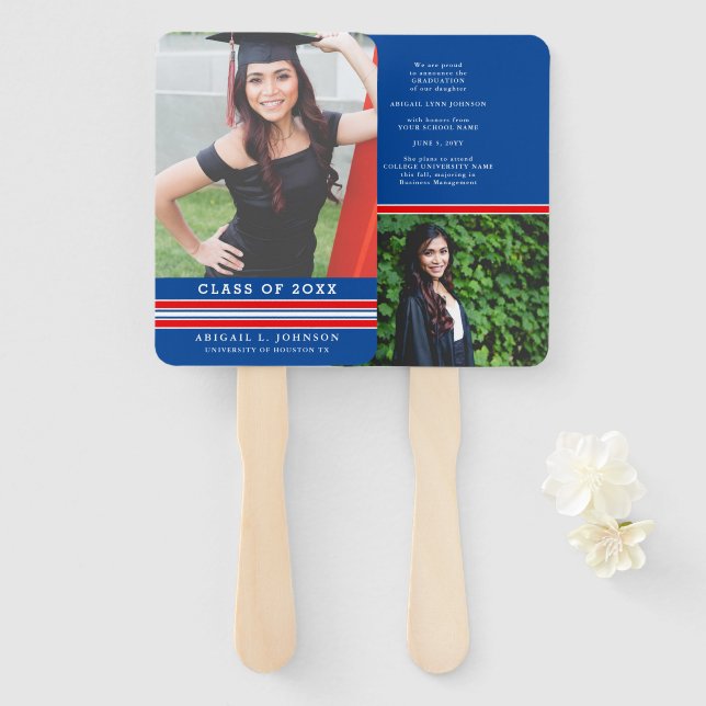 Blue and Red Graduation Photo Hand Fan (Front and Back)