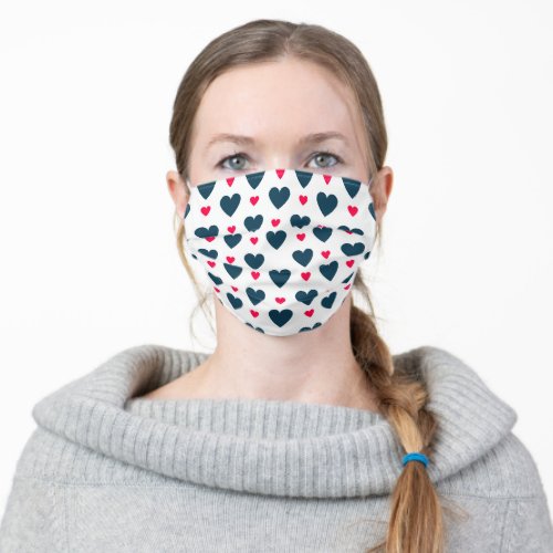 Blue and red hearts pattern adult cloth face mask