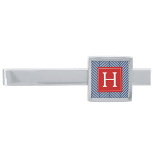 Blue and Red Herringbone Pattern Monogram Silver Finish Tie Bar