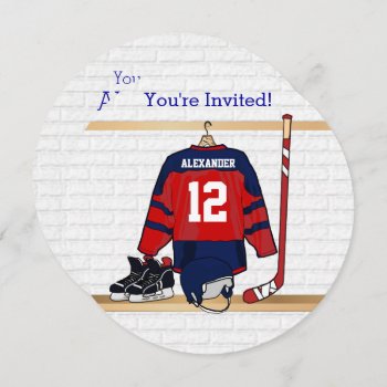 Blue And Red Ice Hockey Jersey Birthday Party Invitation by giftsbonanza at Zazzle
