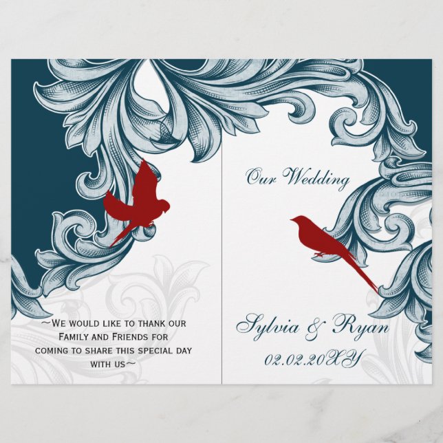 blue and red lovebirds  folded Wedding program (Front)
