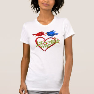 Blue and Red Lovebirds with Heart  T-Shirt