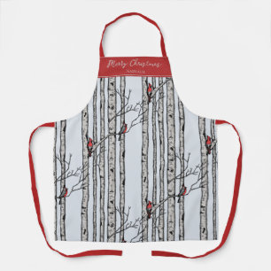 Blue and Red Merry Christmas Cardinal Bird Birch Apron