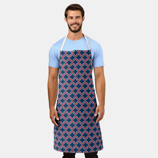 Blue and Red Moroccan Trellis, Lattice, Quatrefoil Apron (Worn)