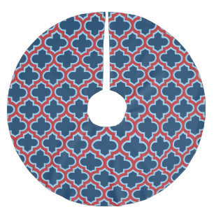 Blue and Red Moroccan Trellis, Lattice, Quatrefoil Brushed Polyester Tree Skirt