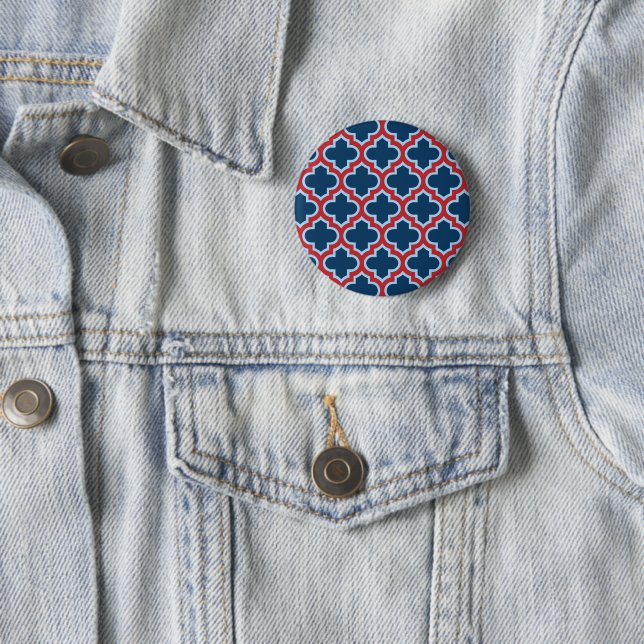 Blue and Red Moroccan Trellis, Lattice, Quatrefoil Button (In Situ)