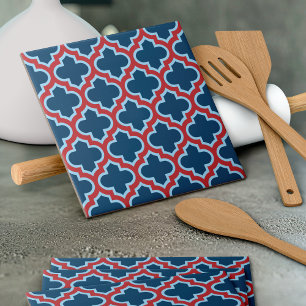 Blue and Red Moroccan Trellis, Lattice, Quatrefoil Ceramic Tile