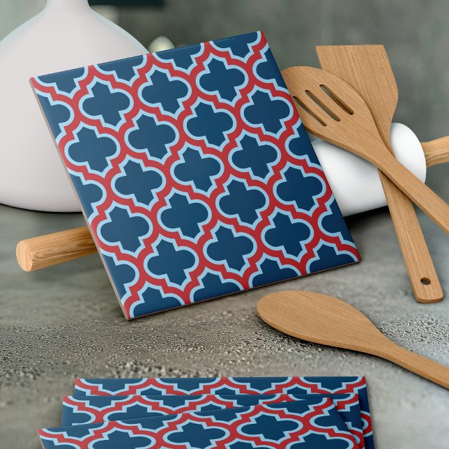 Blue and Red Moroccan Trellis, Lattice, Quatrefoil Ceramic Tile (Creator Uploaded)